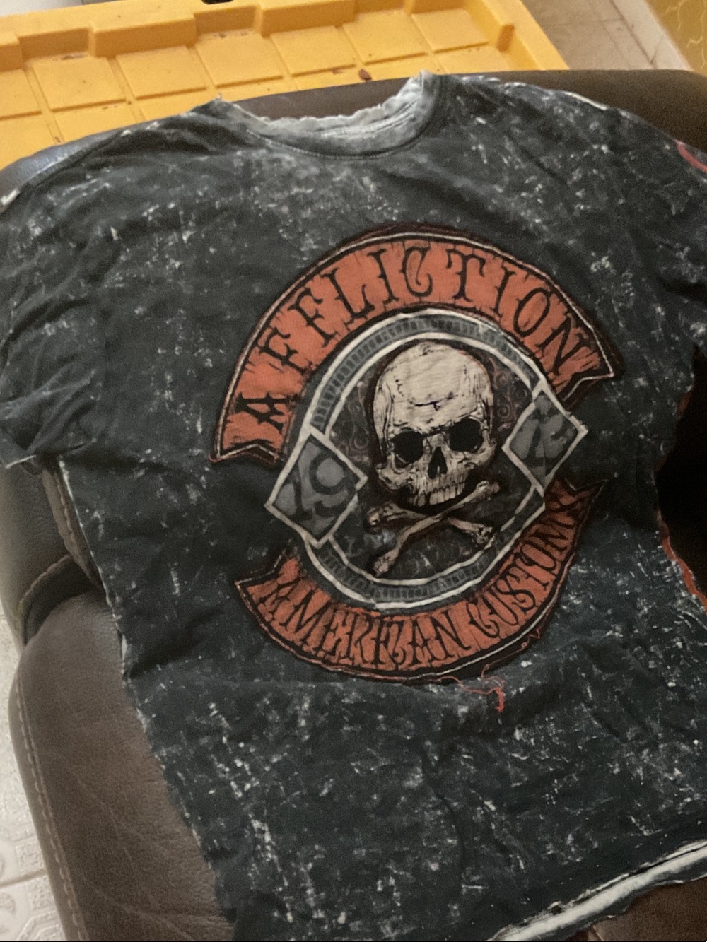 Affliction Distressed Skull Graphic Tee — Black with Orange Accents